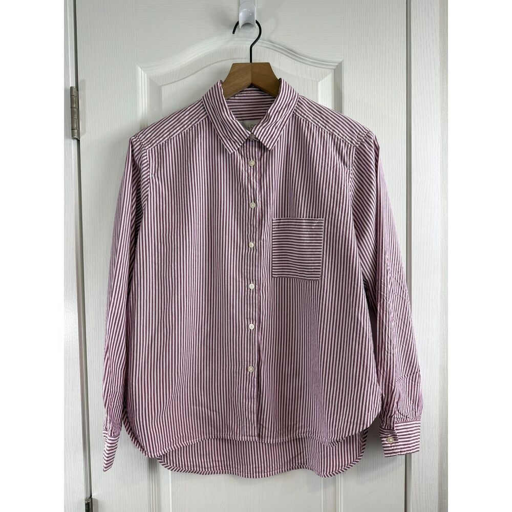 LOFT Womens Small Burgundy White Stripe Button Down Shirt Modal Cotton Pocket
